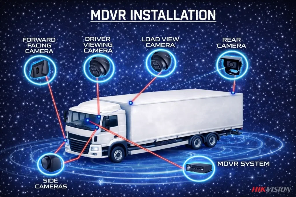 infographic showing a typical mdvr system installation on a rigid lorry